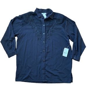 Adolfo Womens Button Down Top Black Lace Design Size Large New